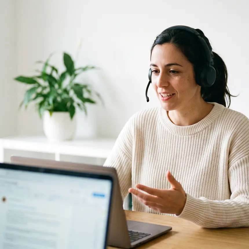 Une femme avec un casque, en plein appel devant son ordinateur