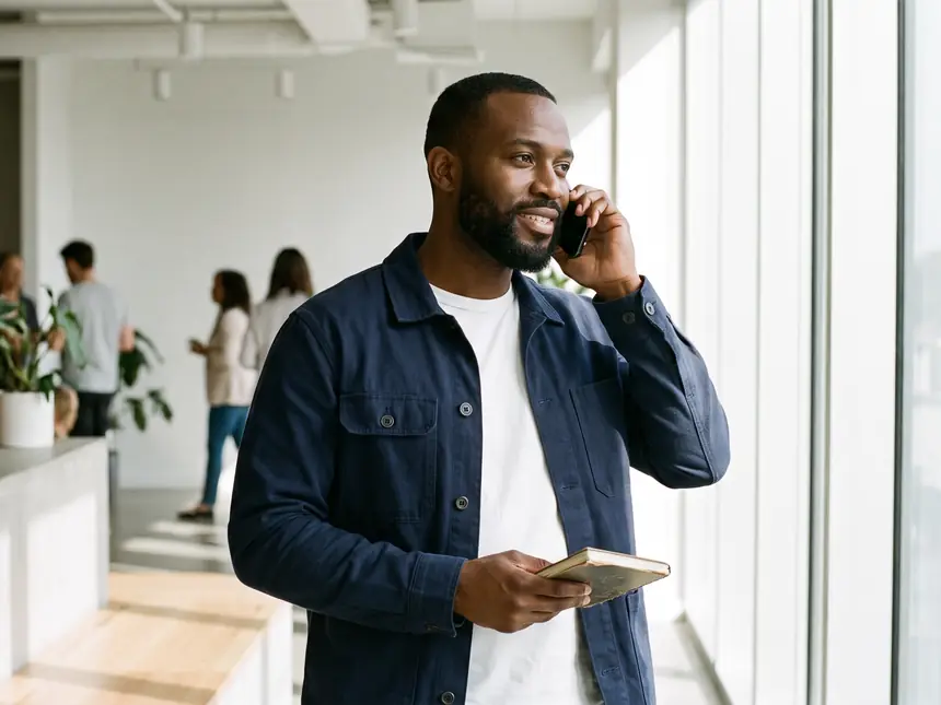 Un homme au téléphone, près d'une grande fenêtre