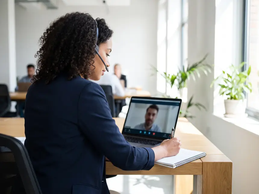 Une personne en visio devant son ordinateur portable